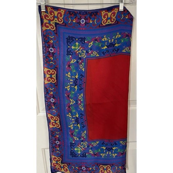 Liz Claiborne Silk Square Scarf Blue Red Yellow Floral Geometric 31" x 31" Vtg - Picture 3 of 7